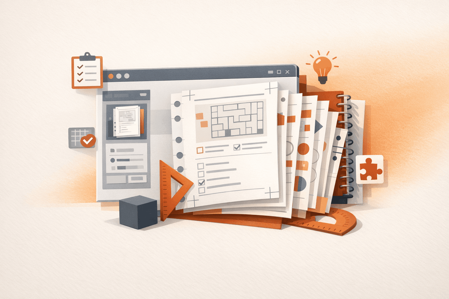 Illustration of a browser-driven print workflow with layered activity pages and notebook materials.
